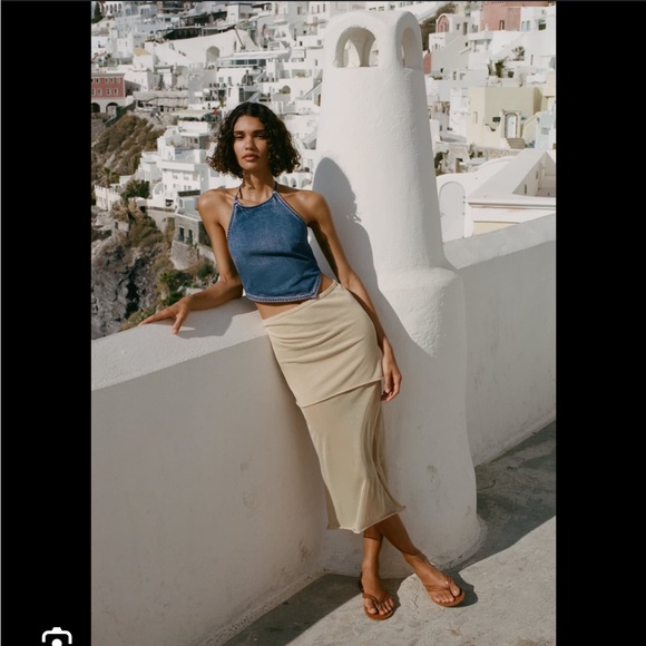 Zara Denim Crop Halter Tie Backless Top - Picture 2 of 3